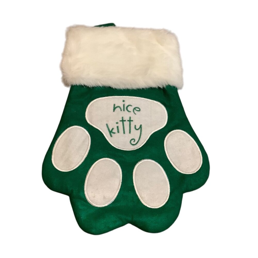 "Nice Kitty" Cat Christmas Stocking Green White Fur‎ Cuff Paw Print Design 14”